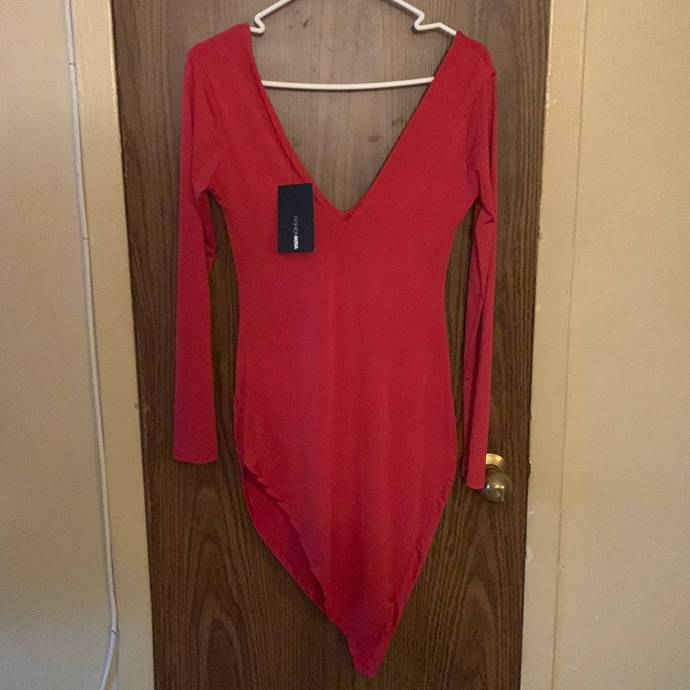 Red Asymmetrical Long Sleeve Dress